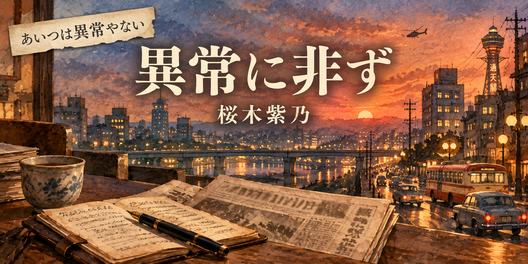 夕暮れの昭和の大阪の街並みと、机の上の古い新聞と取材ノート。『異常に非ず』桜木紫乃のアイキャッチ