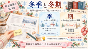冬季と冬期の違いを図解したイラスト。「季」は冬という季節、「期」は冬のあいだの決まった期間。日付で区切れるかどうかで見分ける
