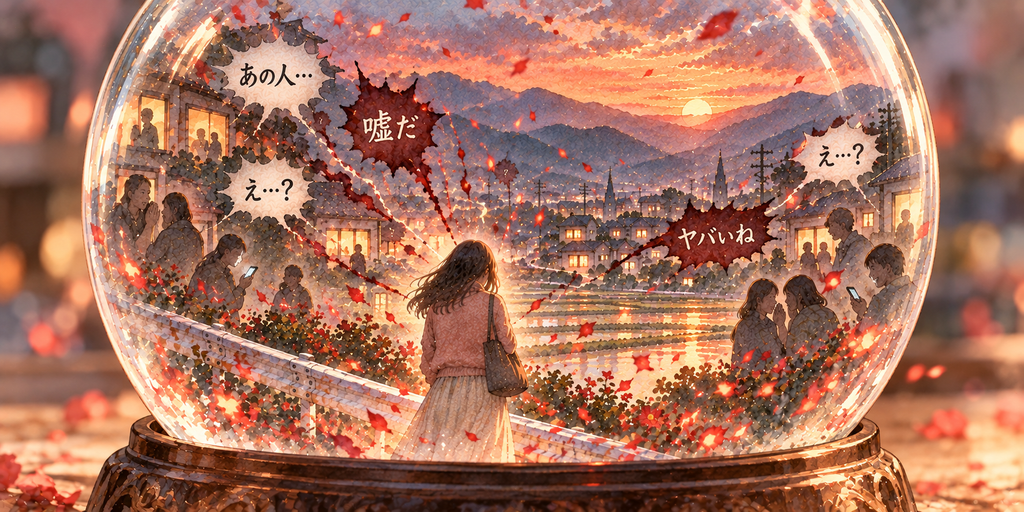 ガラスのドームの中の夕暮れの町で、噂の吹き出しに囲まれて立つ女性のイラスト